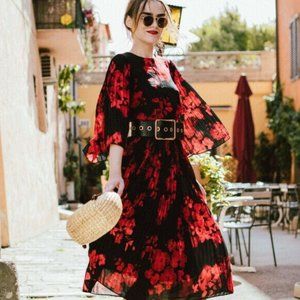 H&M Black & Red Floral Pleated Dress